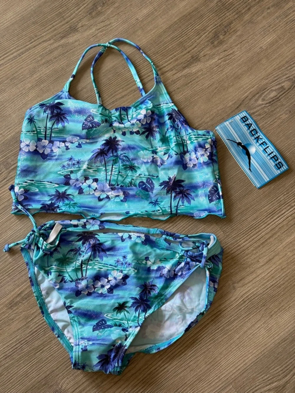 NWT Backflips Girls size 14 Aqua Tropical Two-Piece Swim Set